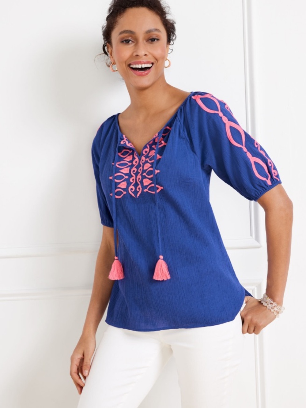 NWT Talbots Crinkle Gauze Embroidered Top Size L